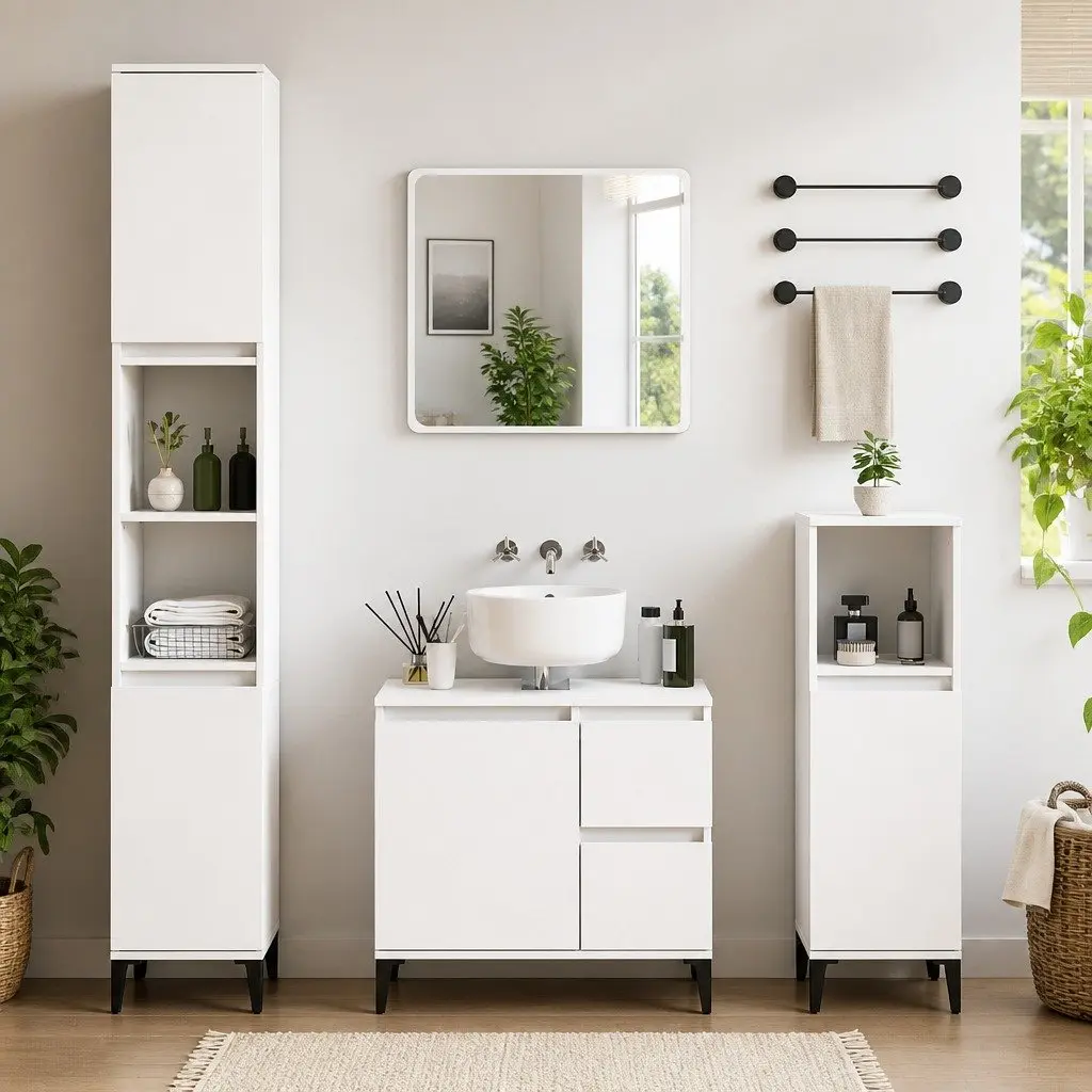 Bathroom Cabinet White Engineered Wood 65x33x60 cm with Drawers and Door