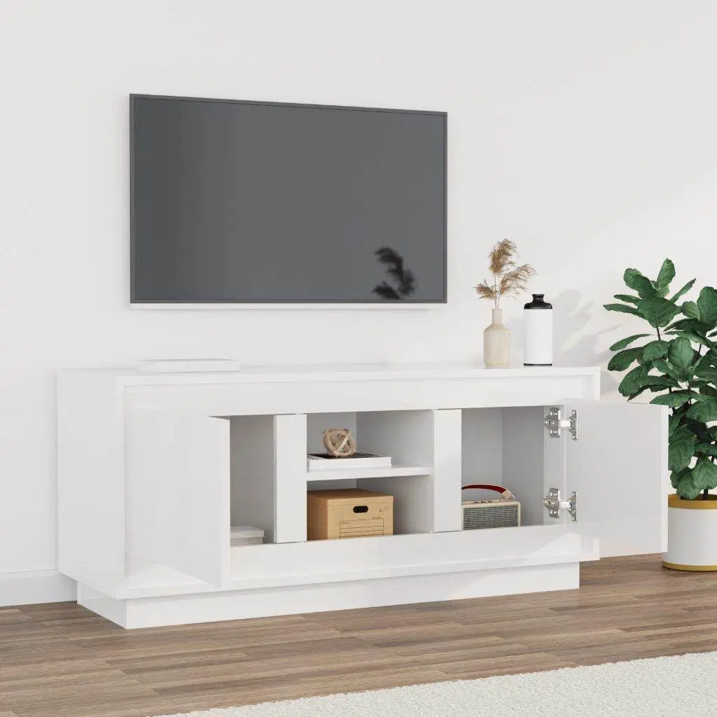 TV Cabinet White High Gloss Modern Media Storage Unit 102x35x45cm Engineered