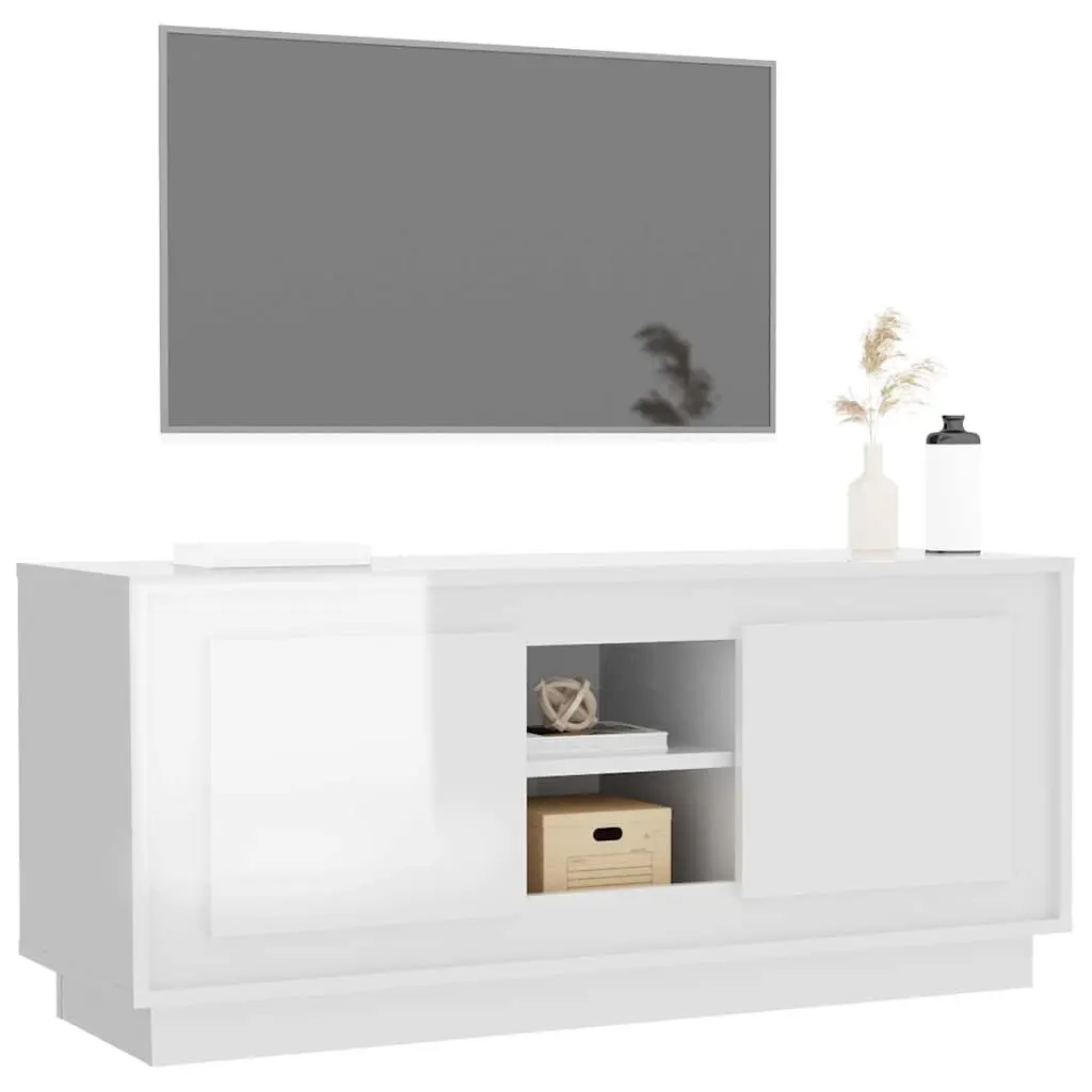TV Cabinet White High Gloss Modern Media Storage Unit 102x35x45cm Engineered
