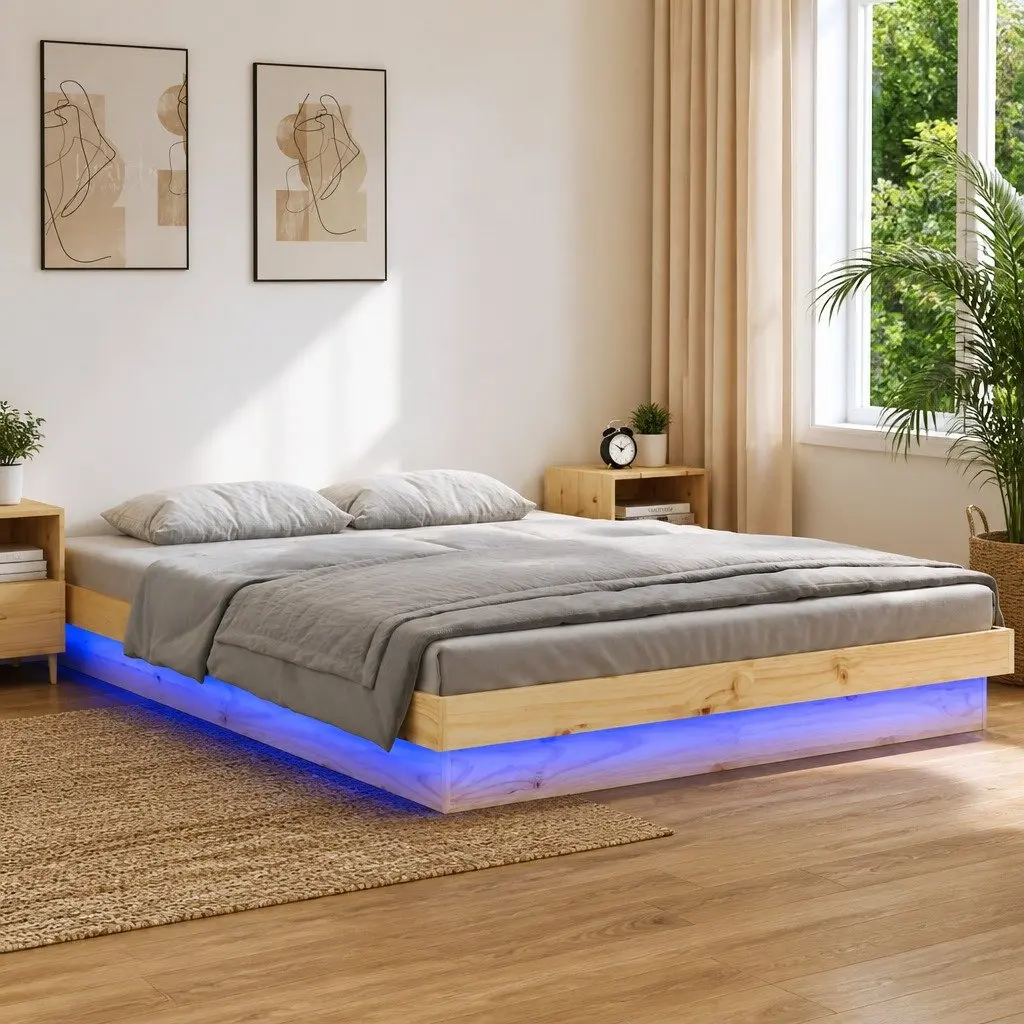 Solid Wood LED Bed Frame Brown 150x200 cm with Remote Control