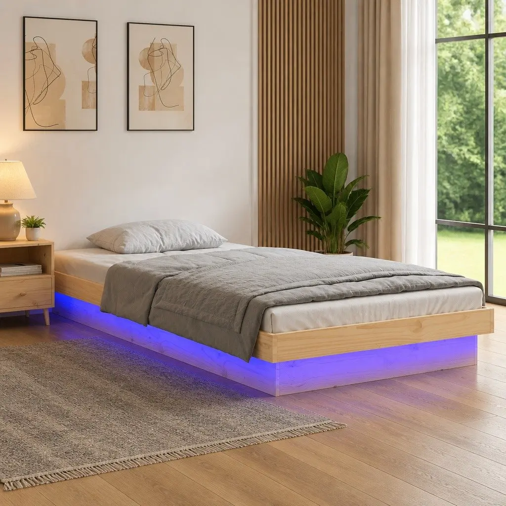 Solid Wood LED Bed Frame Brown 90x190 cm Single Bedroom Furniture