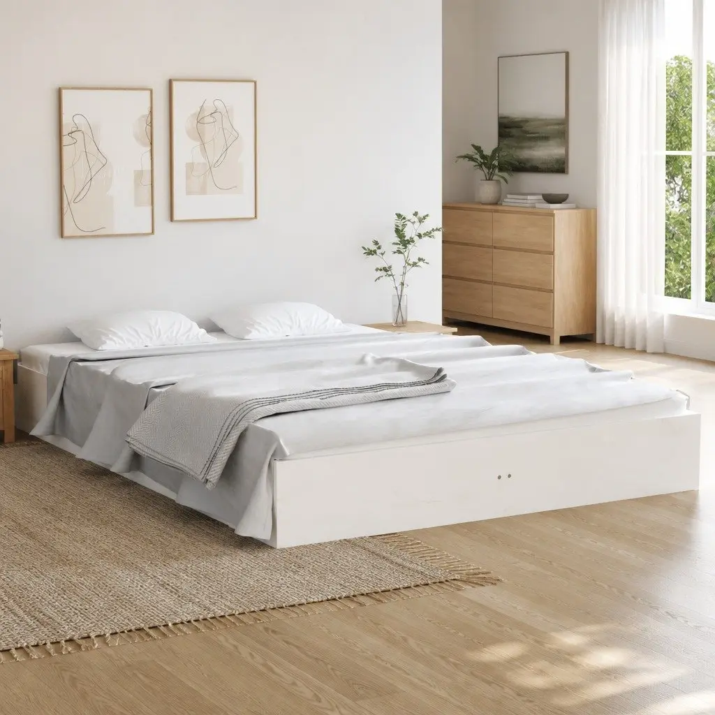 White Solid Wood Bed Frame 150x200 cm Slatted Base Modern Bedroom Furniture