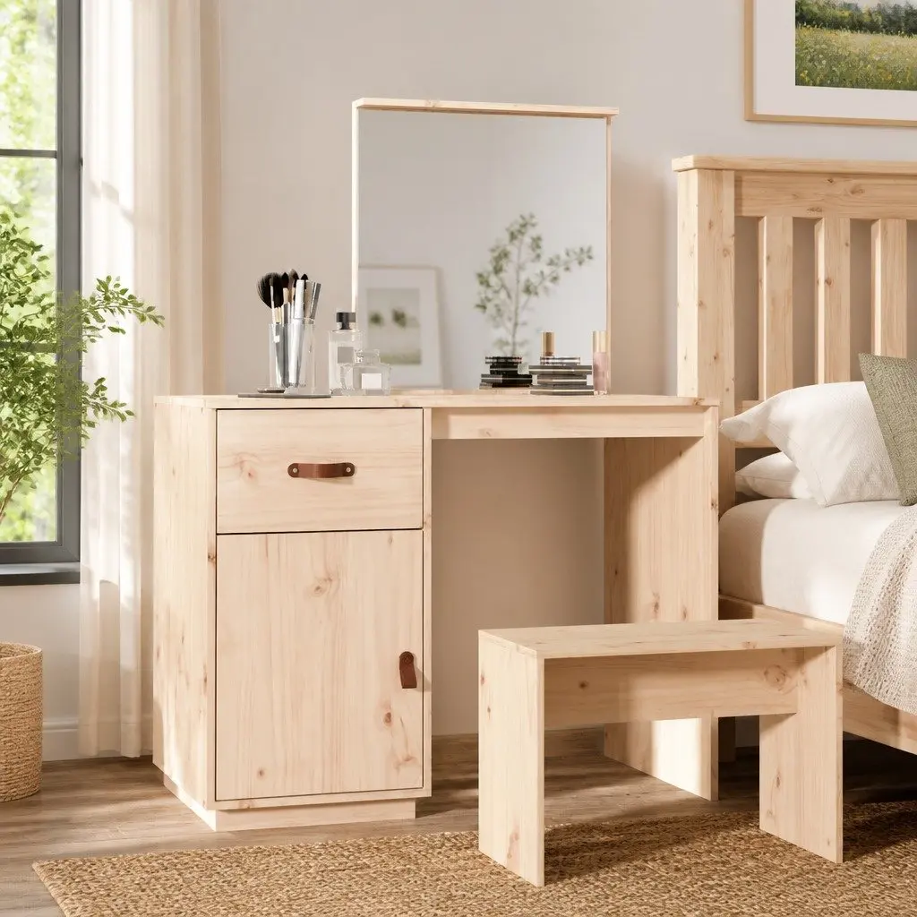 Dressing Table with Mirror, Storage, and Solid Pine Wood 95x50x134 cm