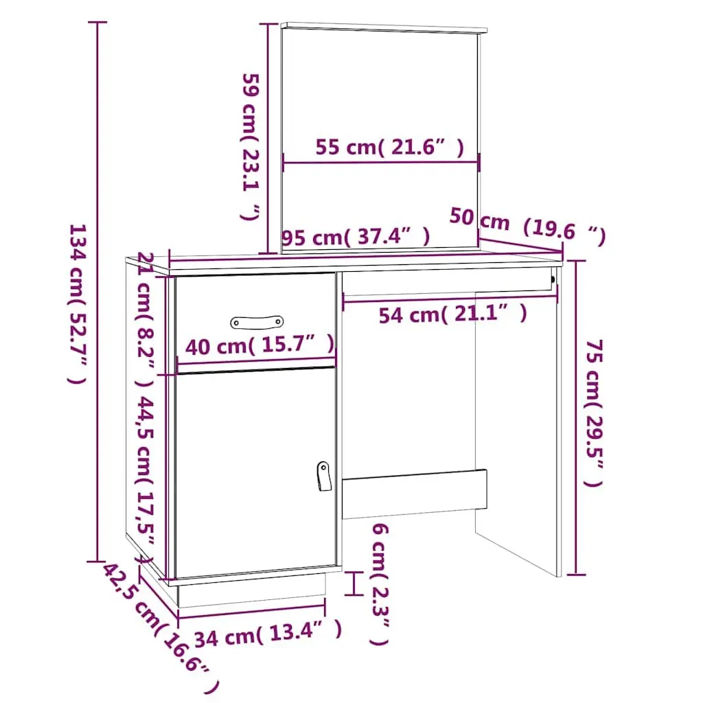 Dressing Table with Mirror, Storage, and Solid Pine Wood 95x50x134 cm