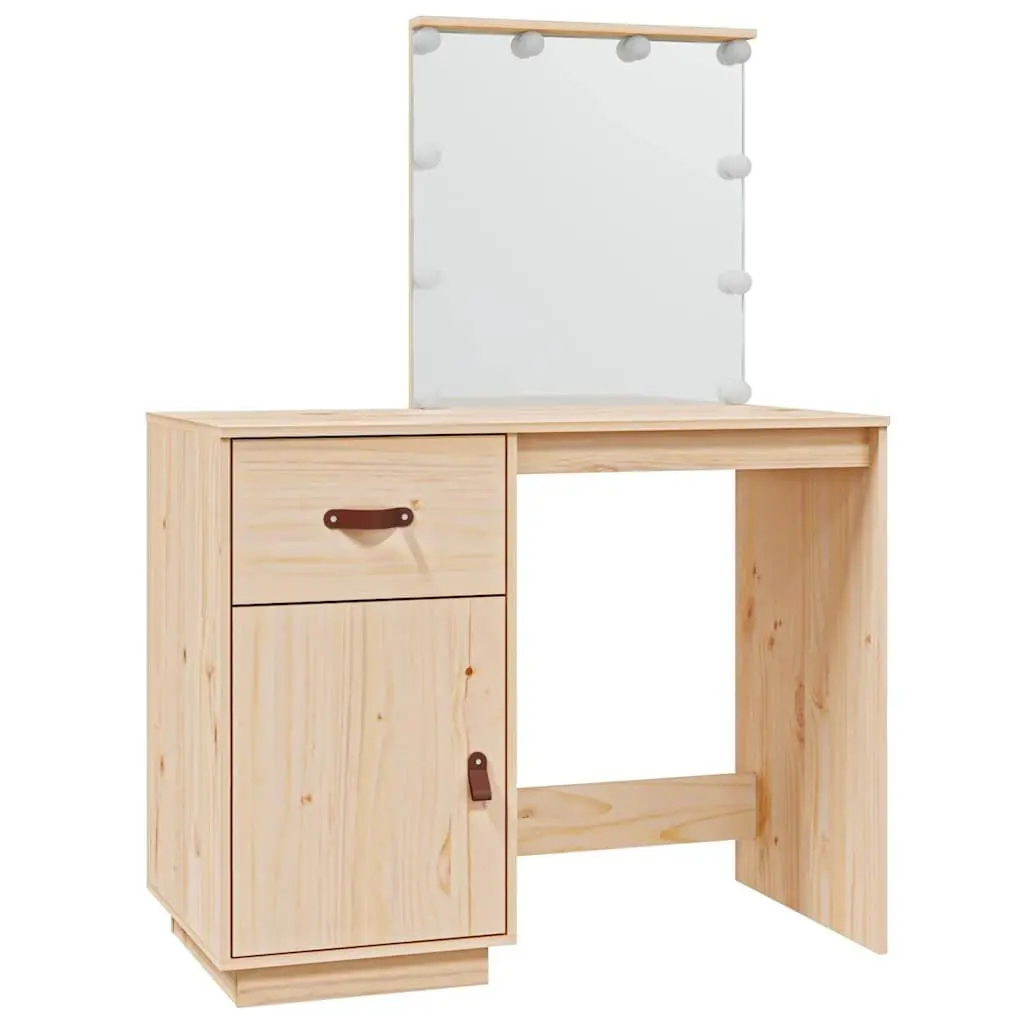 Dressing Table LED Mirror Brown Solid Pine Wood Vanity Desk