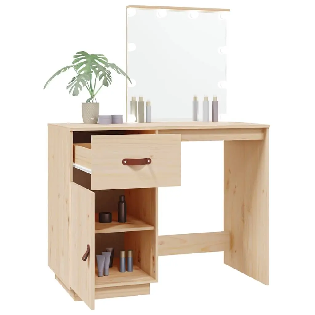 Dressing Table LED Mirror Brown Solid Pine Wood Vanity Desk