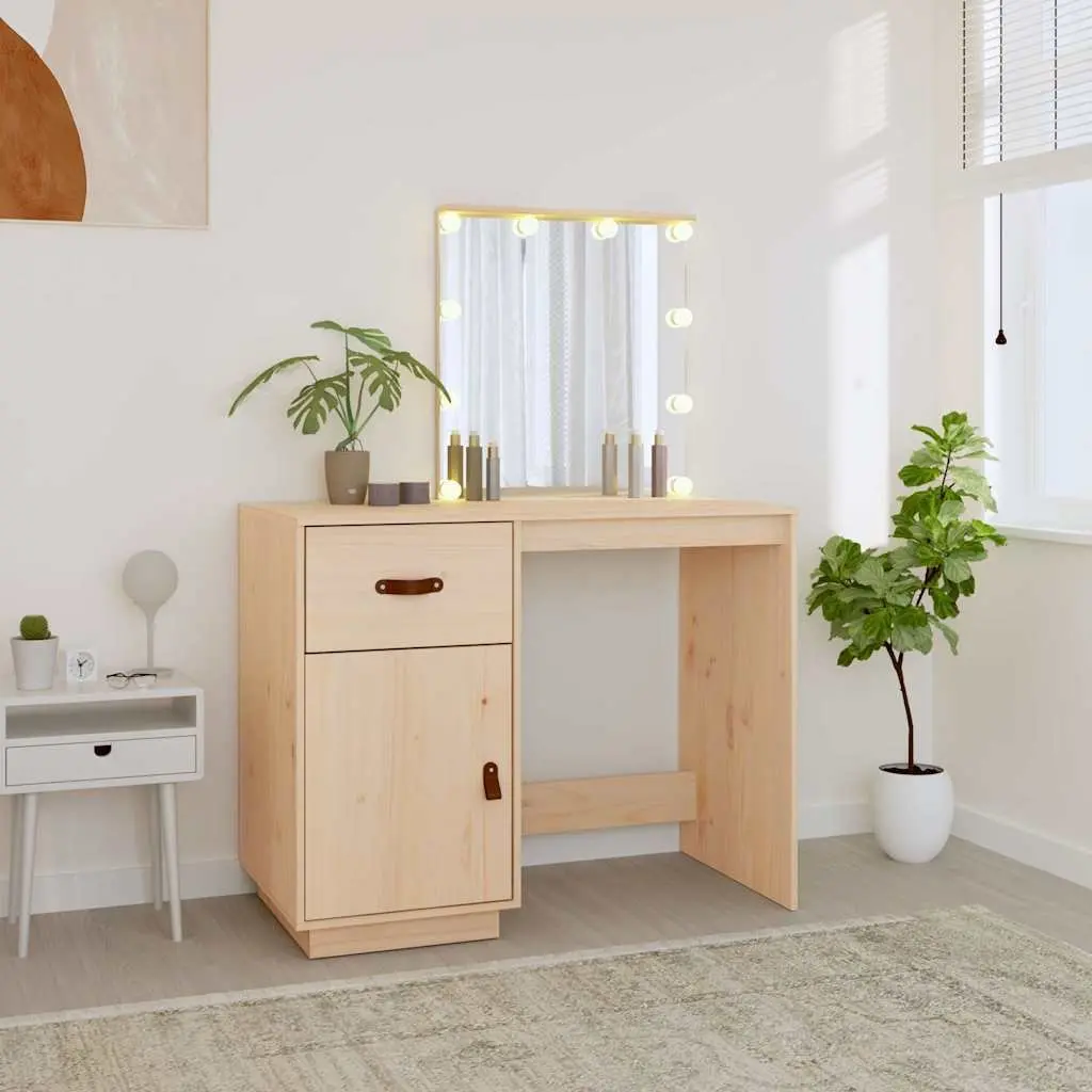Dressing Table LED Mirror Brown Solid Pine Wood Vanity Desk