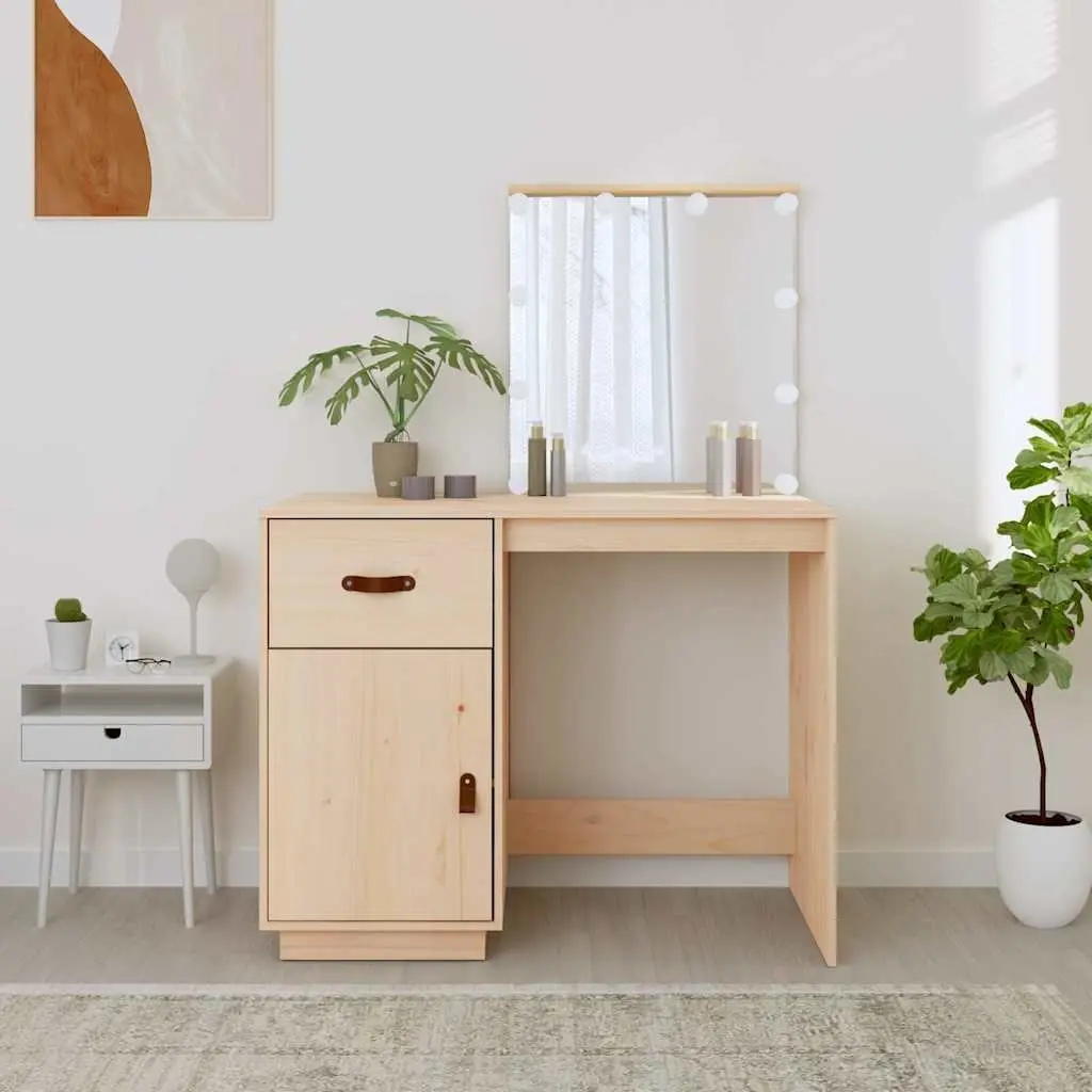 Dressing Table LED Mirror Brown Solid Pine Wood Vanity Desk