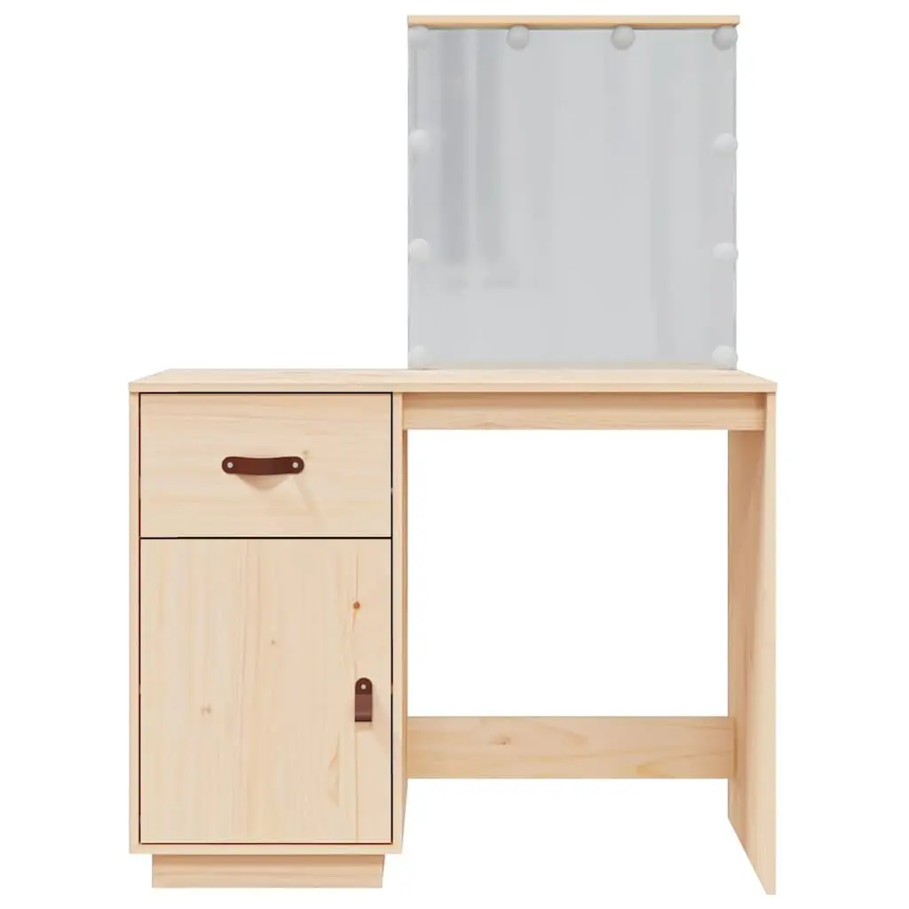 Dressing Table LED Mirror Brown Solid Pine Wood Vanity Desk