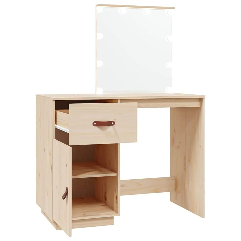 Dressing Table LED Mirror Brown Solid Pine Wood Vanity Desk
