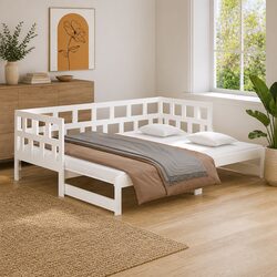 Pull-out Day Bed Frame Sofa Bed White Solid Pine Wood Guest Bed 2x90x190cm