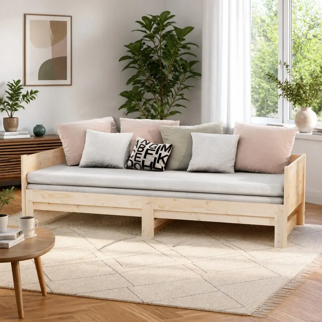 Pull-out Day Bed Convertible Sofa Solid Wood Pine Frame 90x190cm