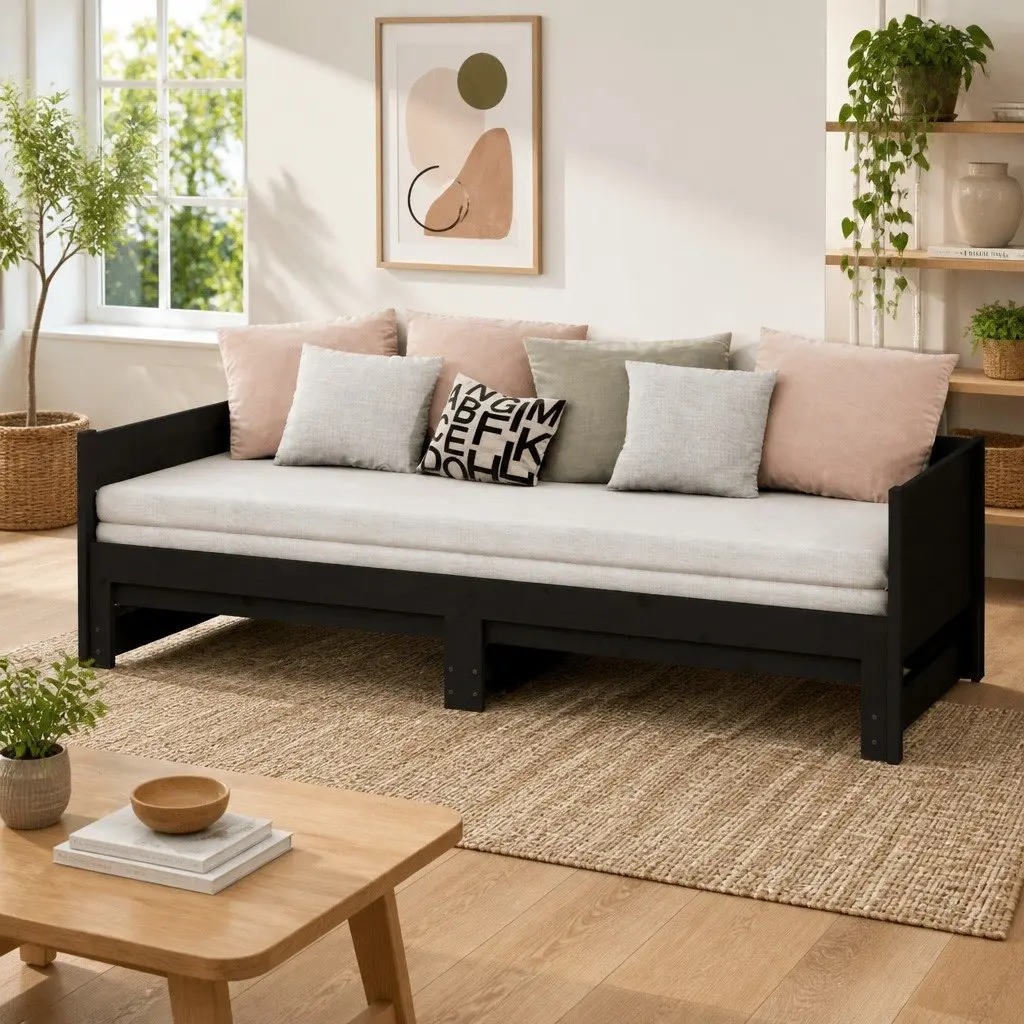Wooden Convertible Sofa Bed Frame Pull-out Day Bed Black Space-saving 90x190cm