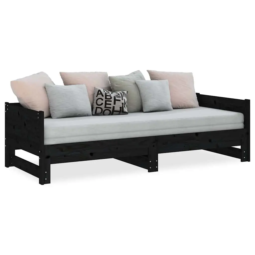 Wooden Convertible Sofa Bed Frame Pull-out Day Bed Black Space-saving 90x190cm