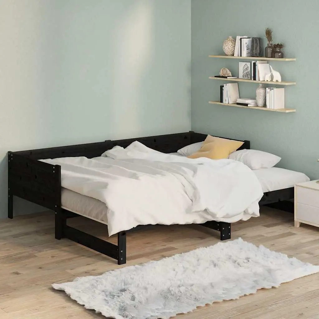 Wooden Convertible Sofa Bed Frame Pull-out Day Bed Black Space-saving 90x190cm