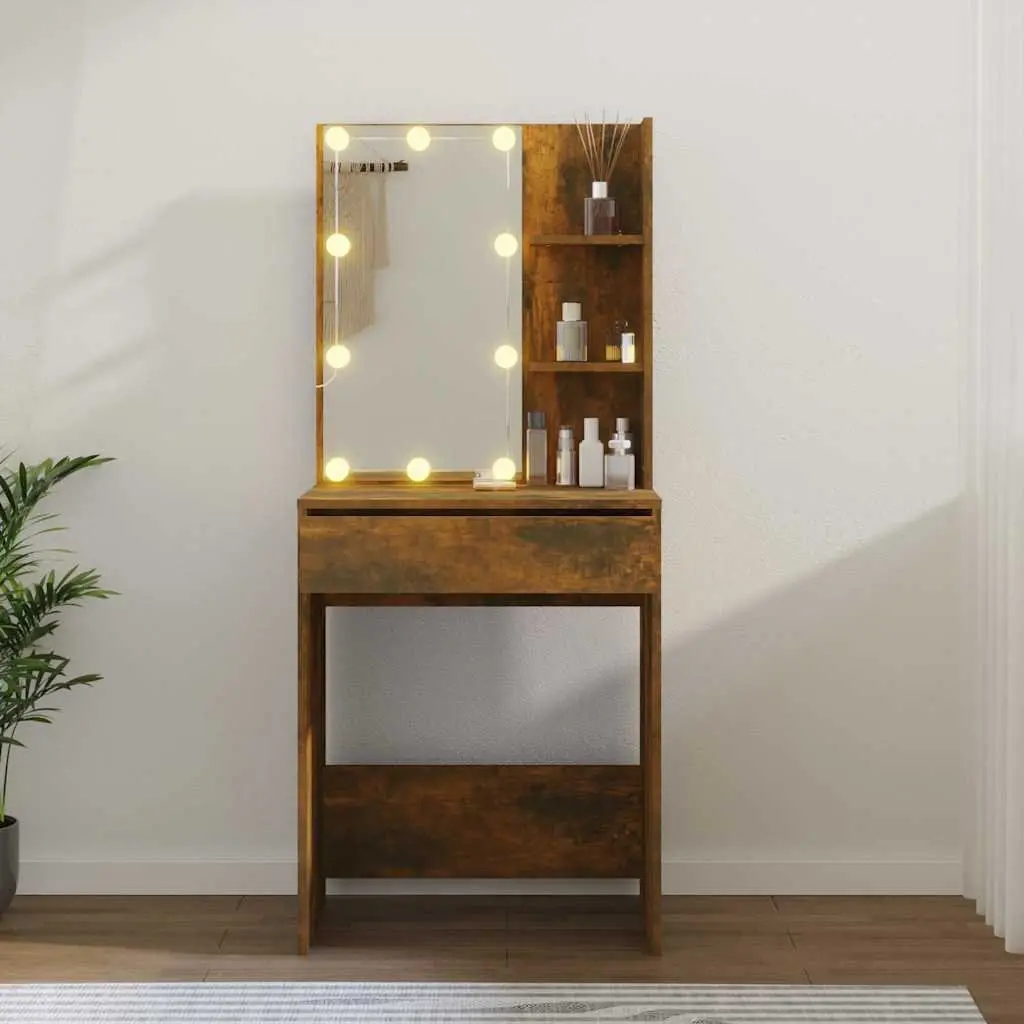 Dressing Table with LED Mirror and Storage Drawers Smoked Oak 60W x 40D x 140H cm