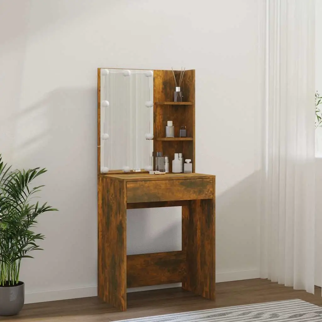Dressing Table with LED Mirror and Storage Drawers Smoked Oak 60W x 40D x 140H cm