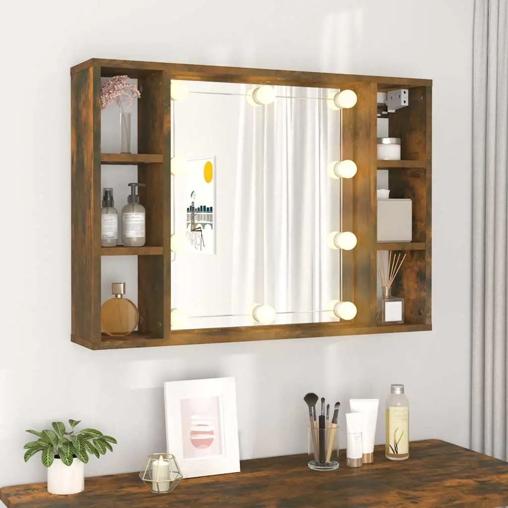 Mirror Cabinet with LED Lights Wall-Mounted Bathroom Storage Organizer Brown