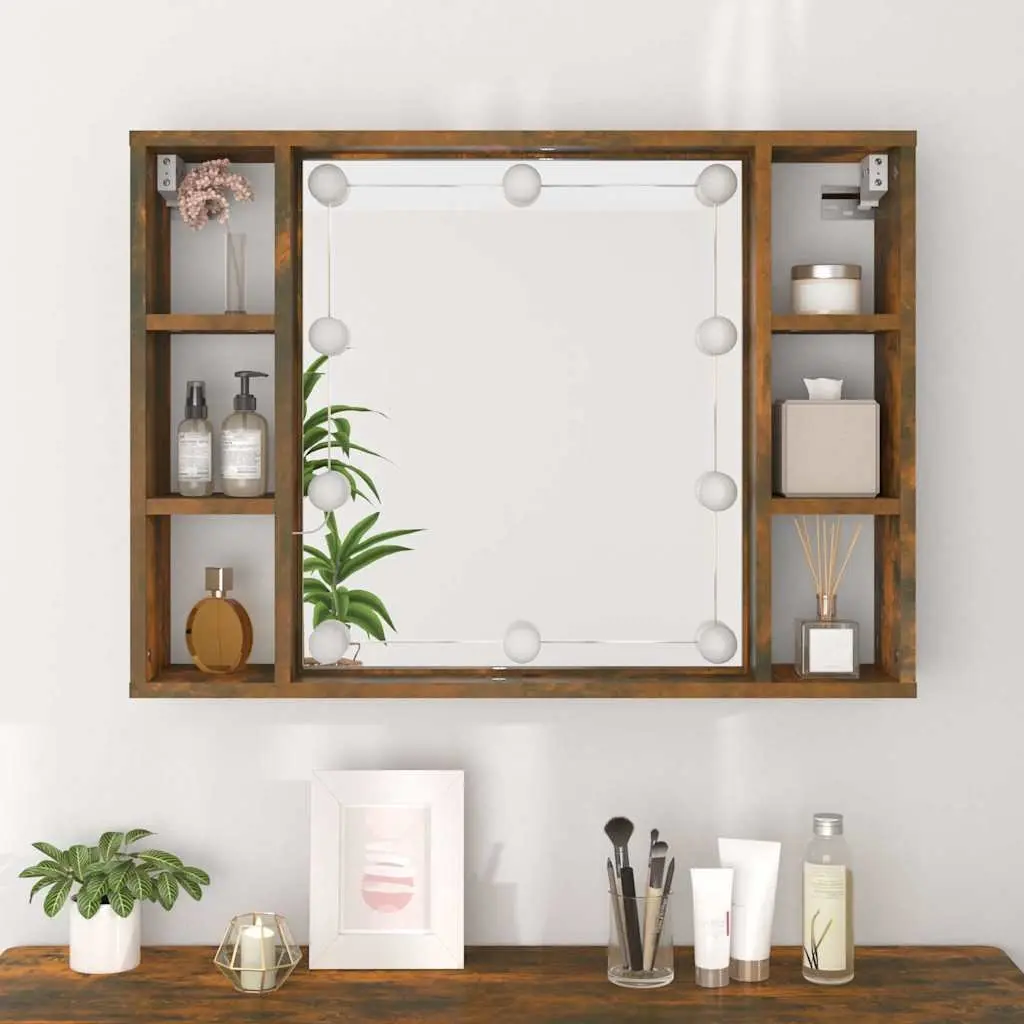 Mirror Cabinet with LED Lights Wall-Mounted Bathroom Storage Organizer Brown
