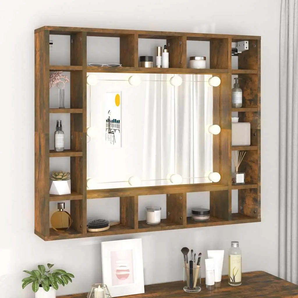 Bathroom Cabinet LED Mirror Wall-Mounted Storage Brown 91W x 15D x 76.5H cm