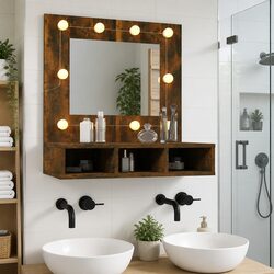 Mirror Cabinet with LED Lights Brown Bathroom Vanity Storage Shelf Unit