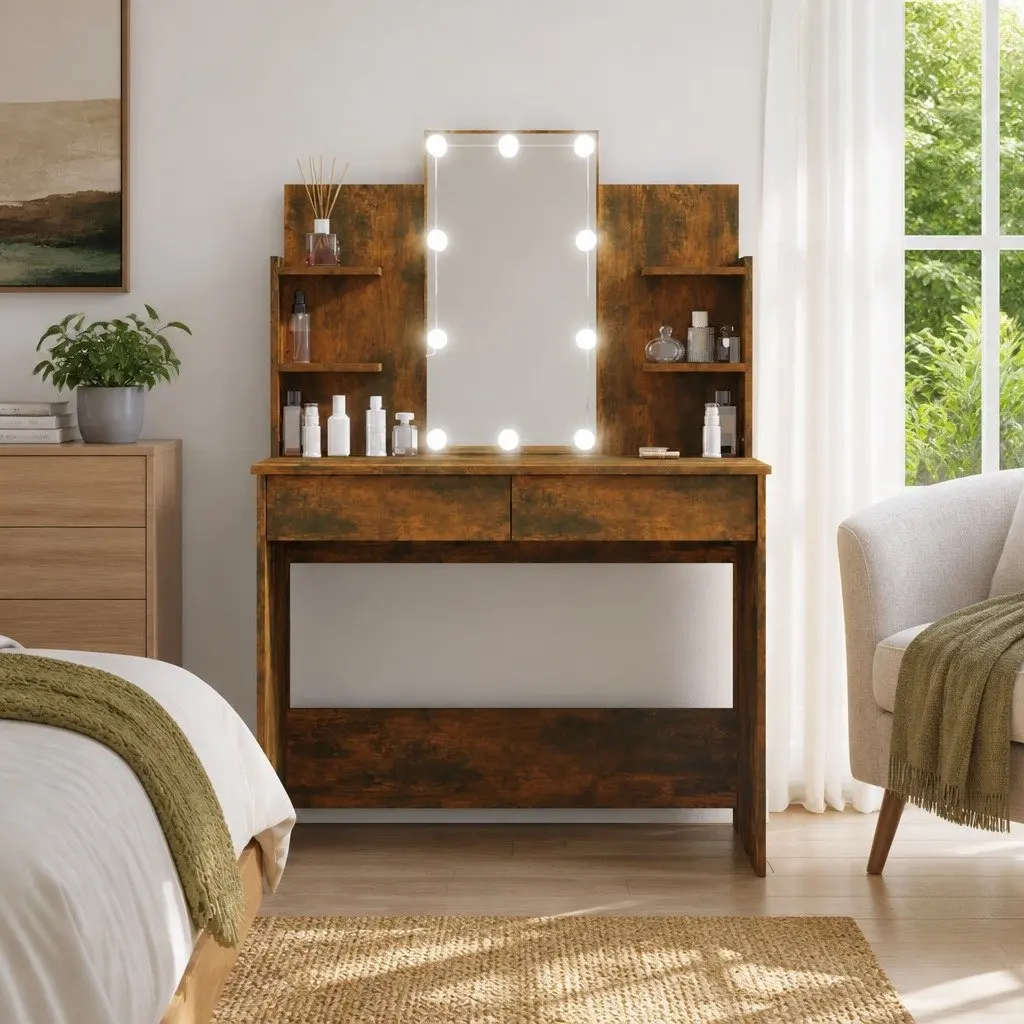 Dressing Table LED Mirror Storage Drawers Vanity Unit Brown 96W x 40D x 142H cm