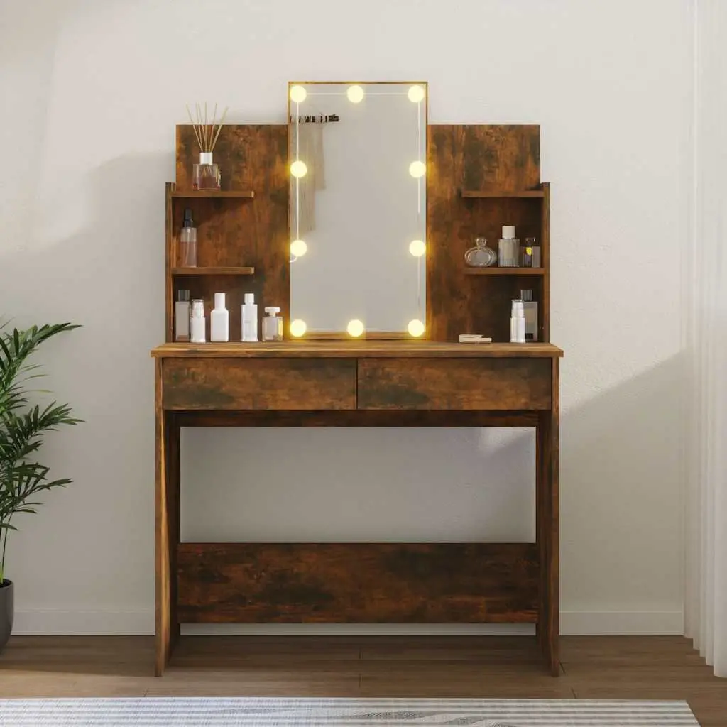 Dressing Table LED Mirror Storage Drawers Vanity Unit Brown 96W x 40D x 142H cm