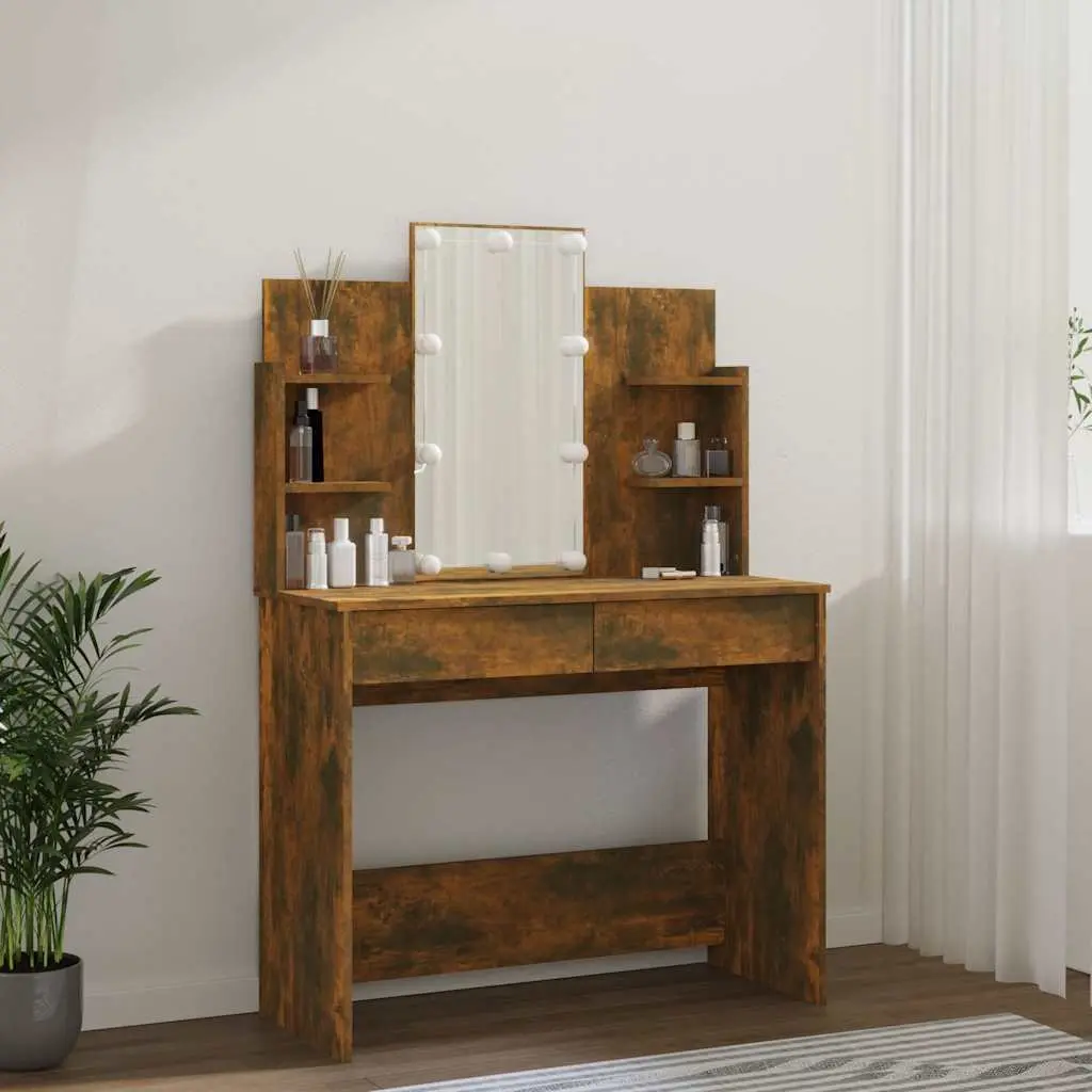 Dressing Table LED Mirror Storage Drawers Vanity Unit Brown 96W x 40D x 142H cm