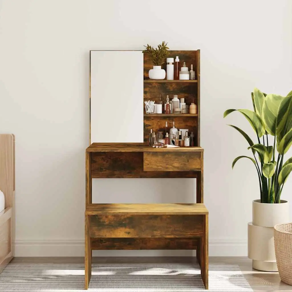 Dressing Table with Mirror Smoked Oak Brown Vanity Makeup Desk Storage Drawer