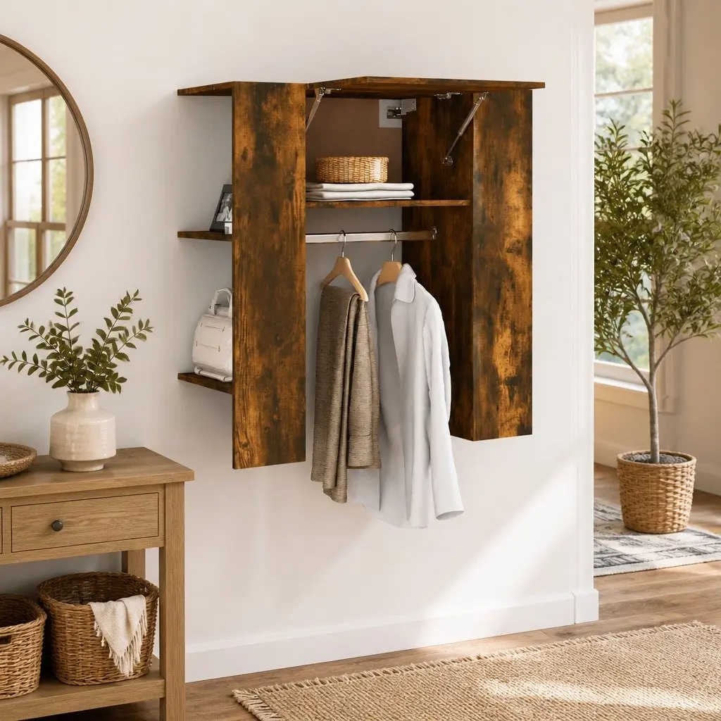 Hallway Cabinet Brown Engineered Wood Space-Saving Storage Unit with Shelves and Clothes Rail