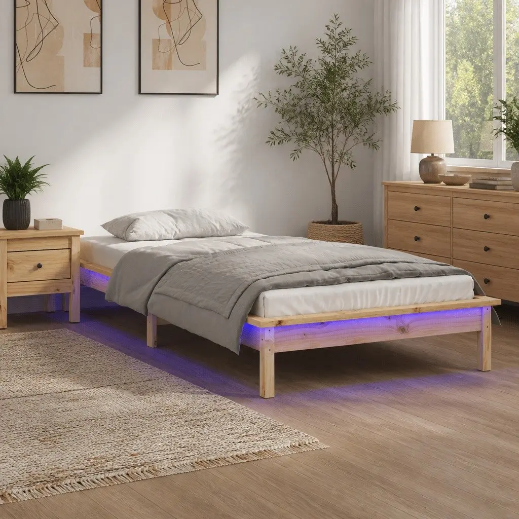 Solid Wood LED Bed Frame Brown 90x190 cm Slatted Base
