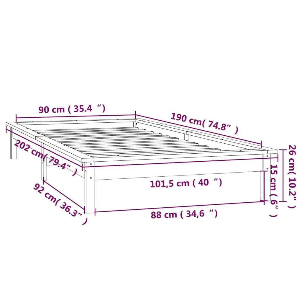 Solid Wood LED Bed Frame Brown 90x190 cm Slatted Base