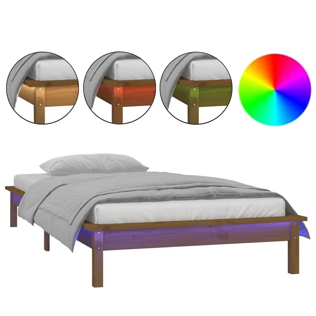 Solid Wood LED Bed Frame Slatted Base 90x190 cm Honey Brown