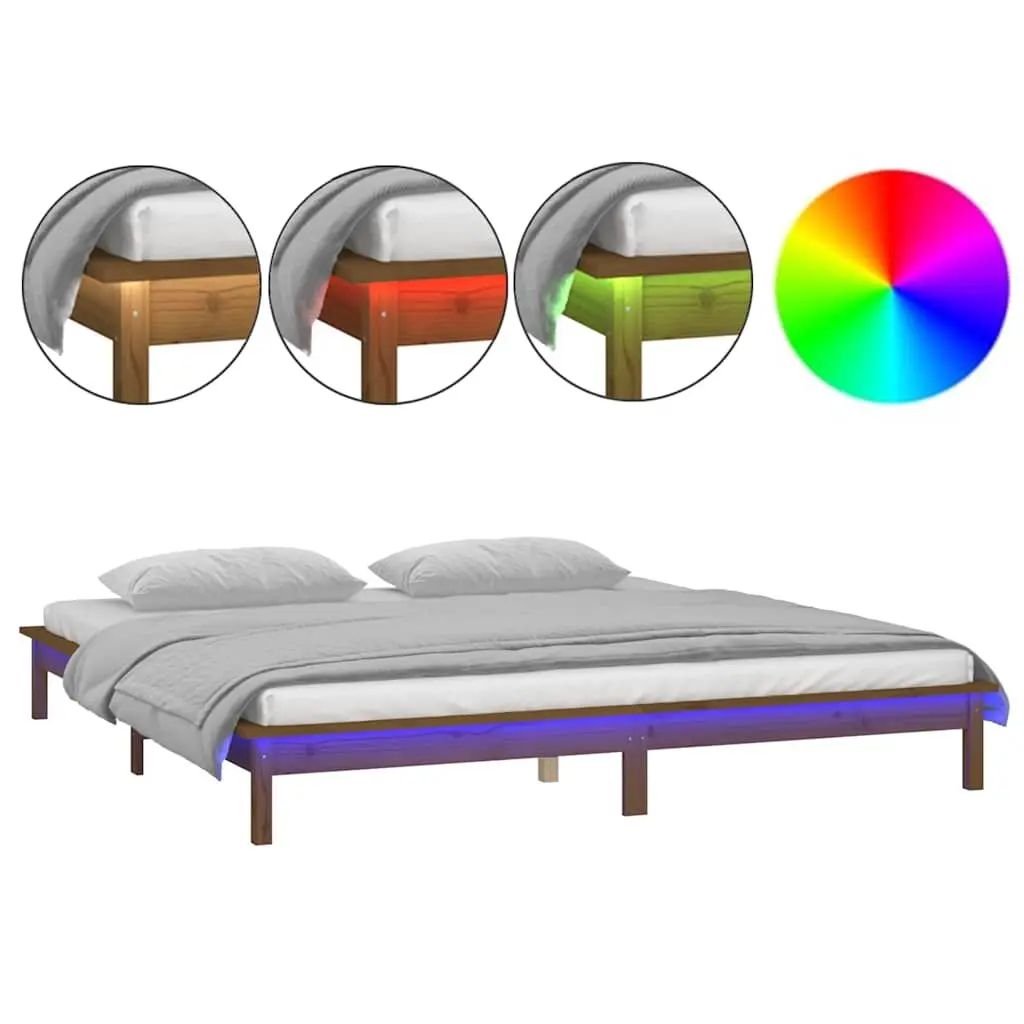 Solid Pine Wood Bed Frame with LED Light Rustic Honey Brown 135x190 cm