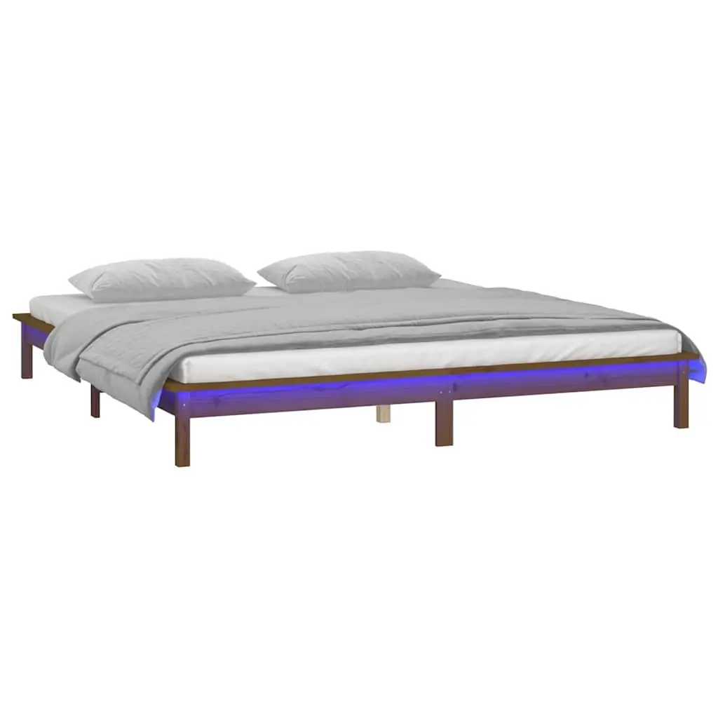 Solid Pine Wood Bed Frame with LED Light Rustic Honey Brown 135x190 cm