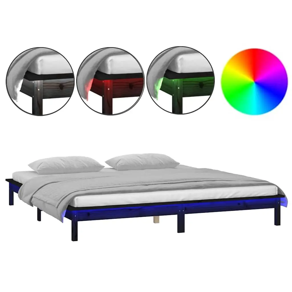 Black Solid Wood Bed Frame with Colourful LED Lights 135x190 cm for Bedroom Furniture