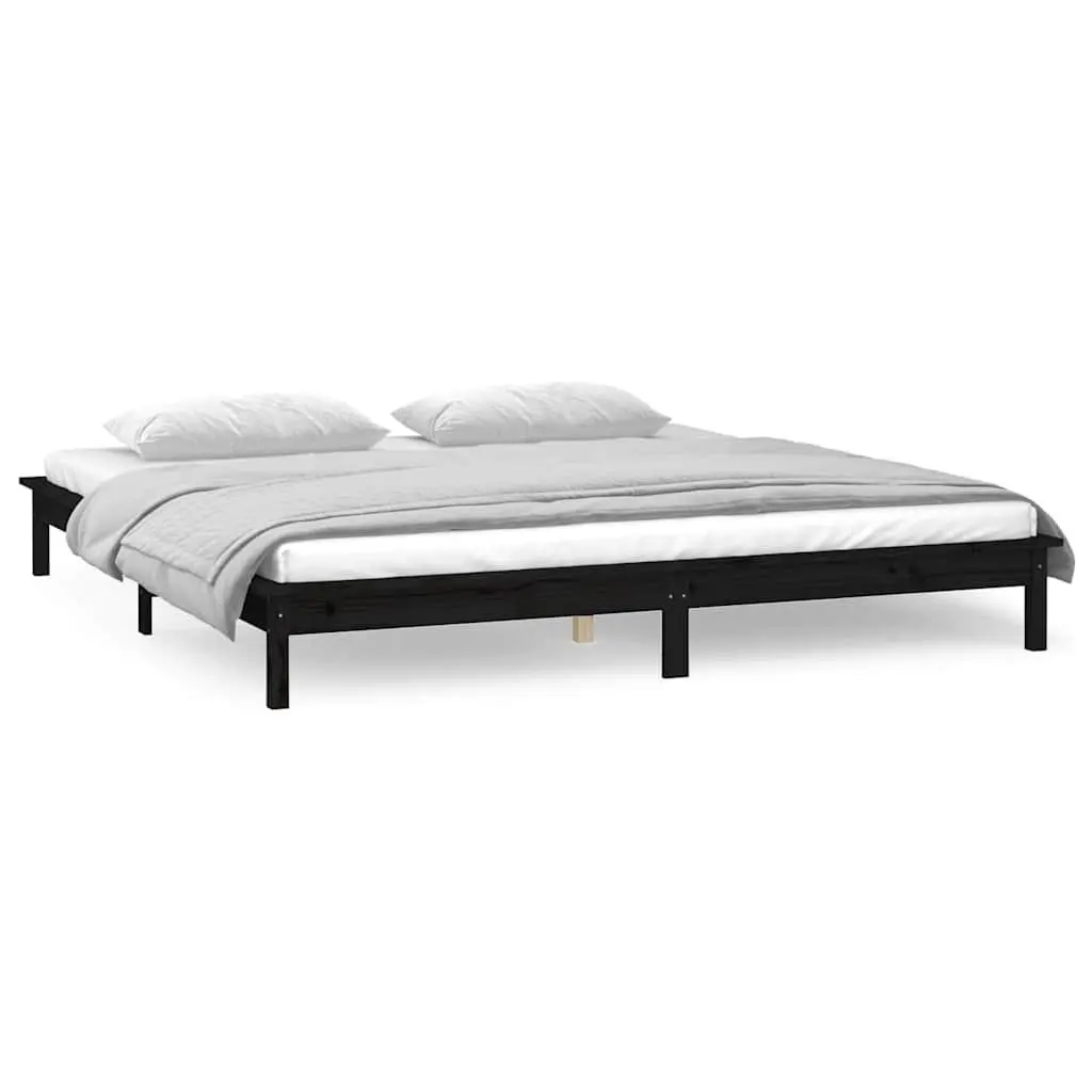 Black Solid Wood Bed Frame with Colourful LED Lights 135x190 cm for Bedroom Furniture