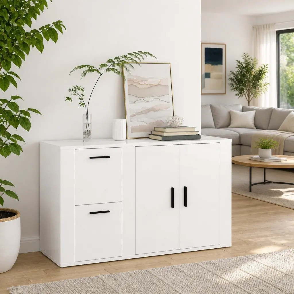 Sideboard High Gloss White Engineered Wood Storage Cabinet 100 x 33 x 59.5 cm