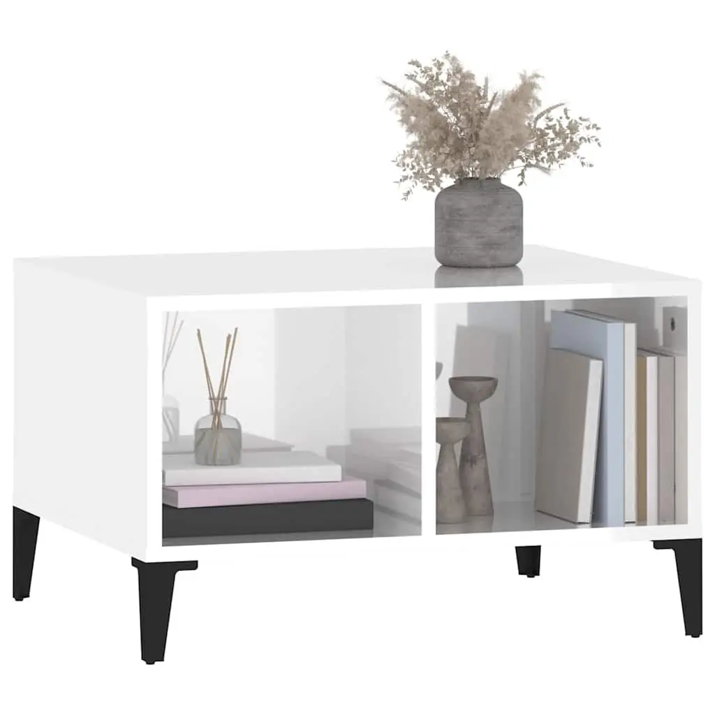 Coffee Table High Gloss White 60x50x36.5 cm Open Storage Compartments Side Table