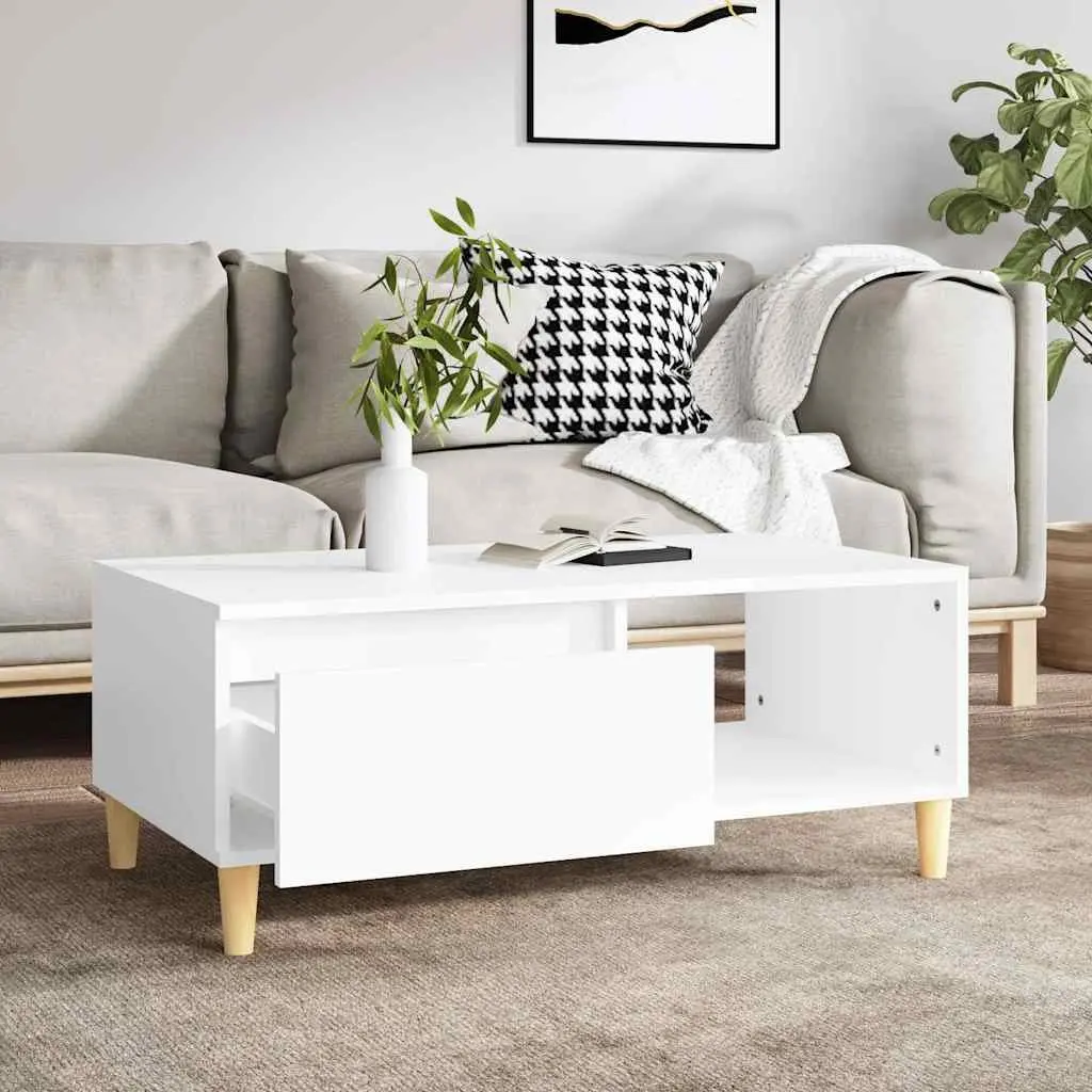 Coffee Table White Scandinavian Style Storage Drawer Open Compartment