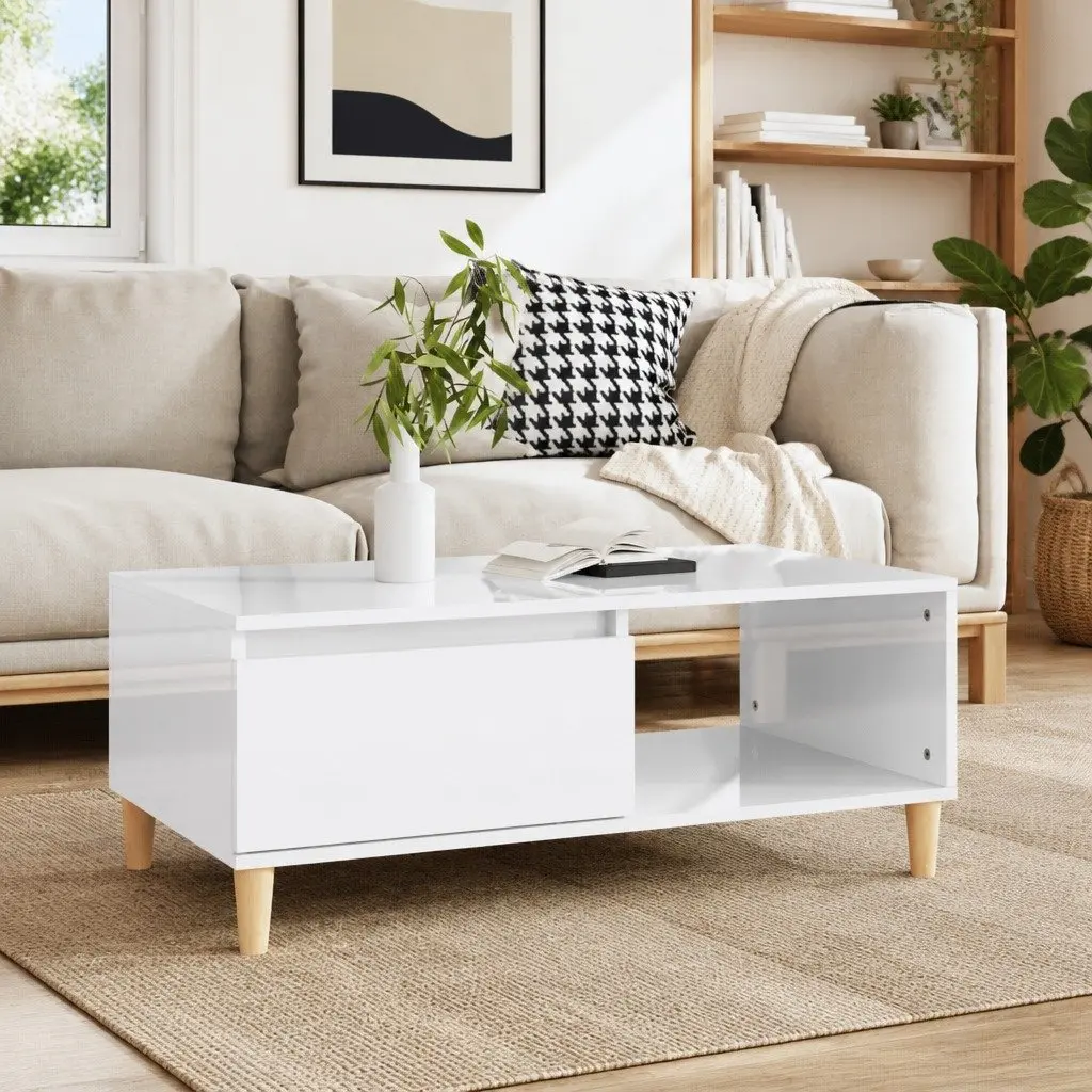 Coffee Table High Gloss White Storage Drawer Open Compartment 90x50x36.5cm