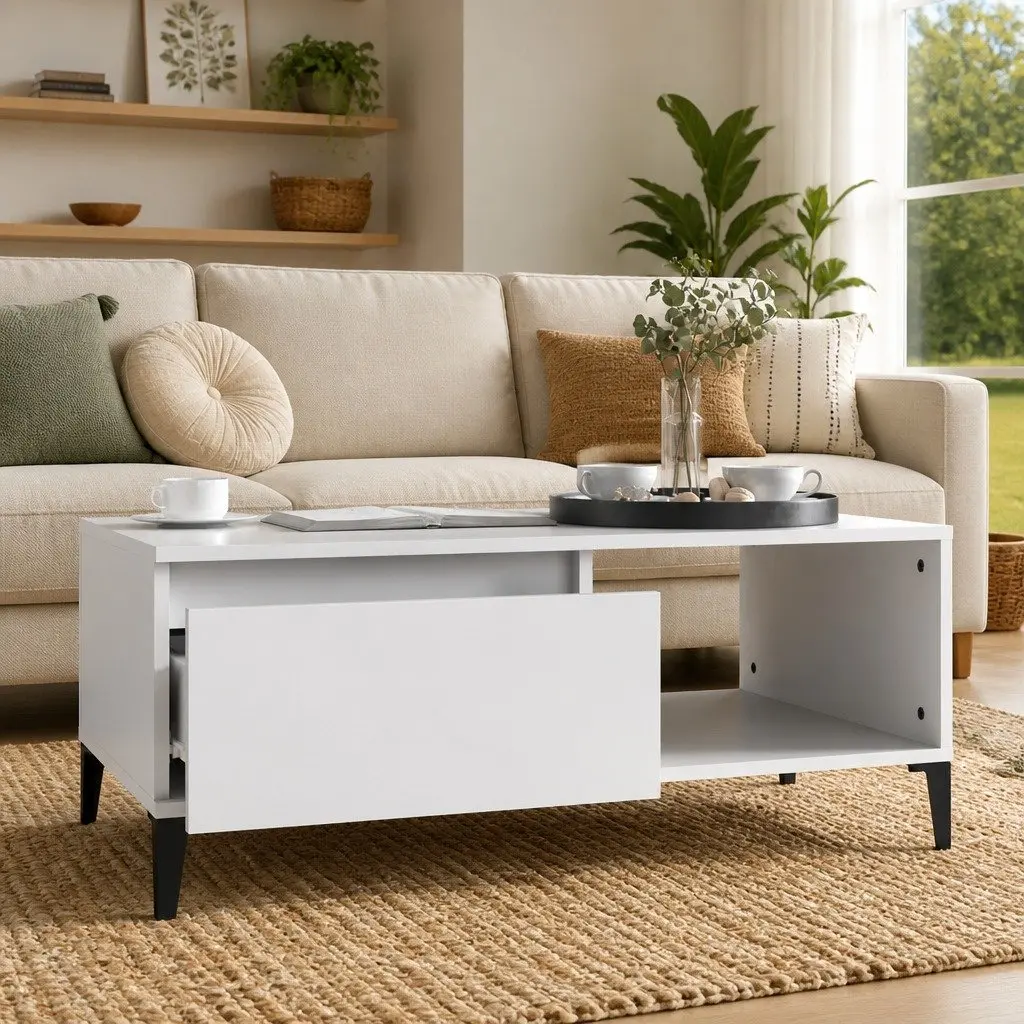 Coffee Table White Storage Drawer Open Compartment 90L x 50W x 36.5H cm