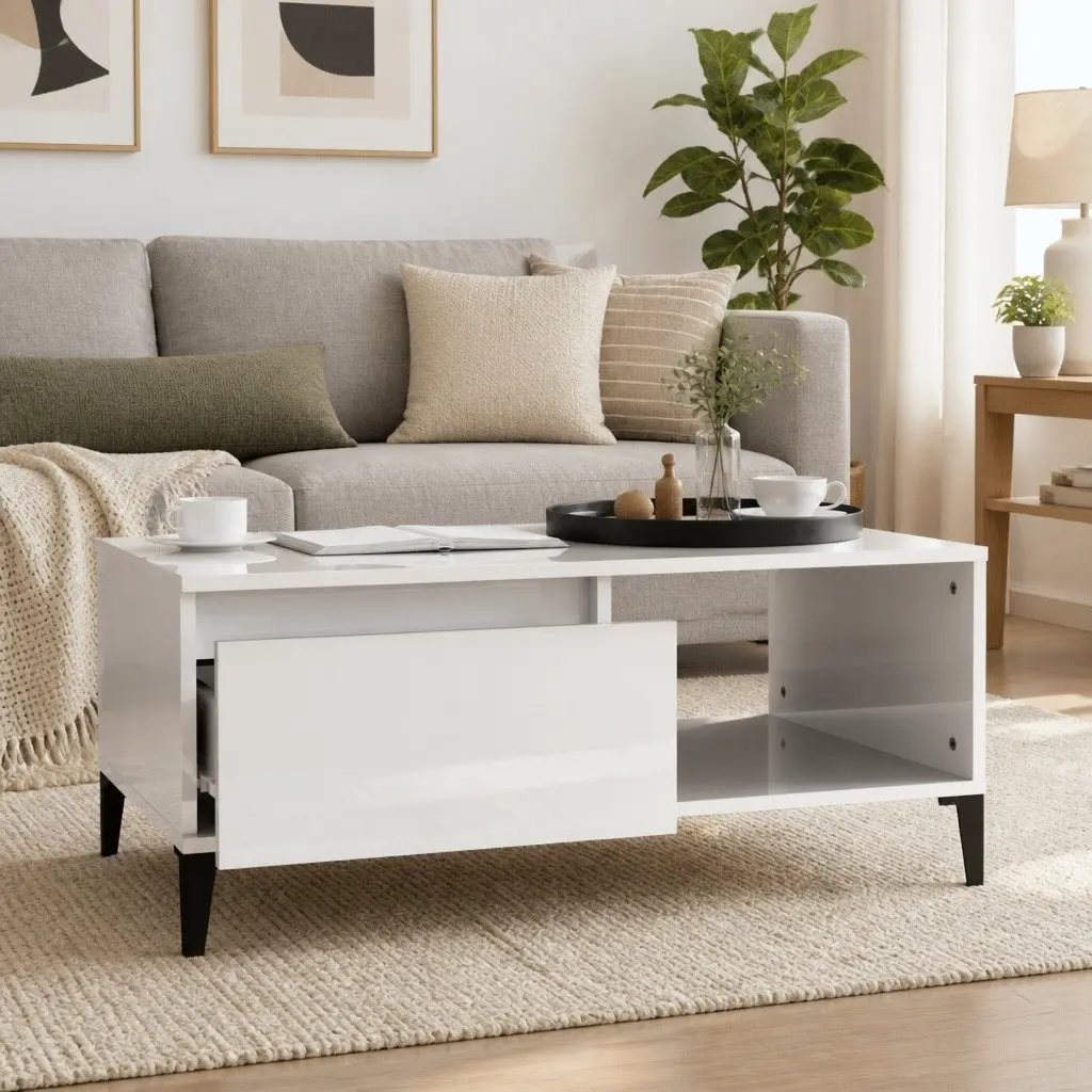 Coffee Table High Gloss White Engineered Wood 90L x 50W x 36.5H cm with Storage Drawer and Open Compartment