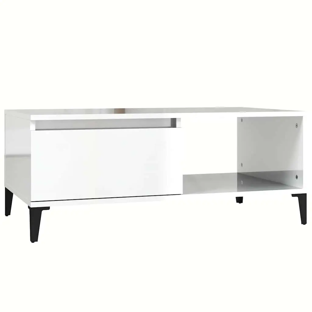 Coffee Table High Gloss White Engineered Wood 90L x 50W x 36.5H cm with Storage Drawer and Open Compartment