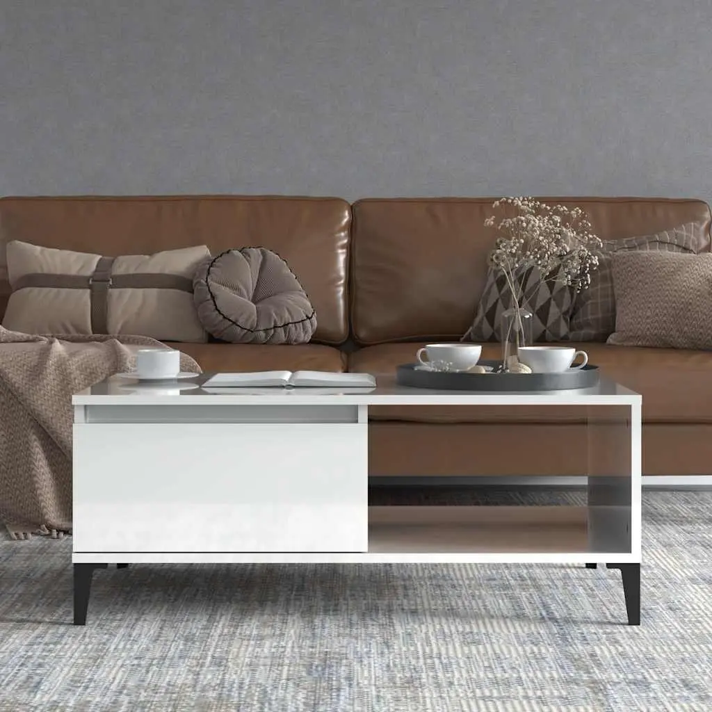 Coffee Table High Gloss White Engineered Wood 90L x 50W x 36.5H cm with Storage Drawer and Open Compartment
