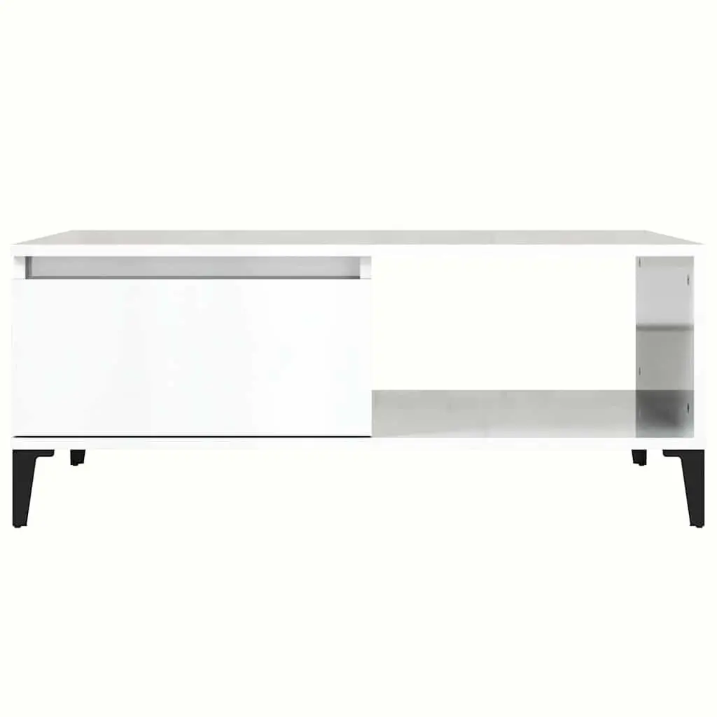 Coffee Table High Gloss White Engineered Wood 90L x 50W x 36.5H cm with Storage Drawer and Open Compartment