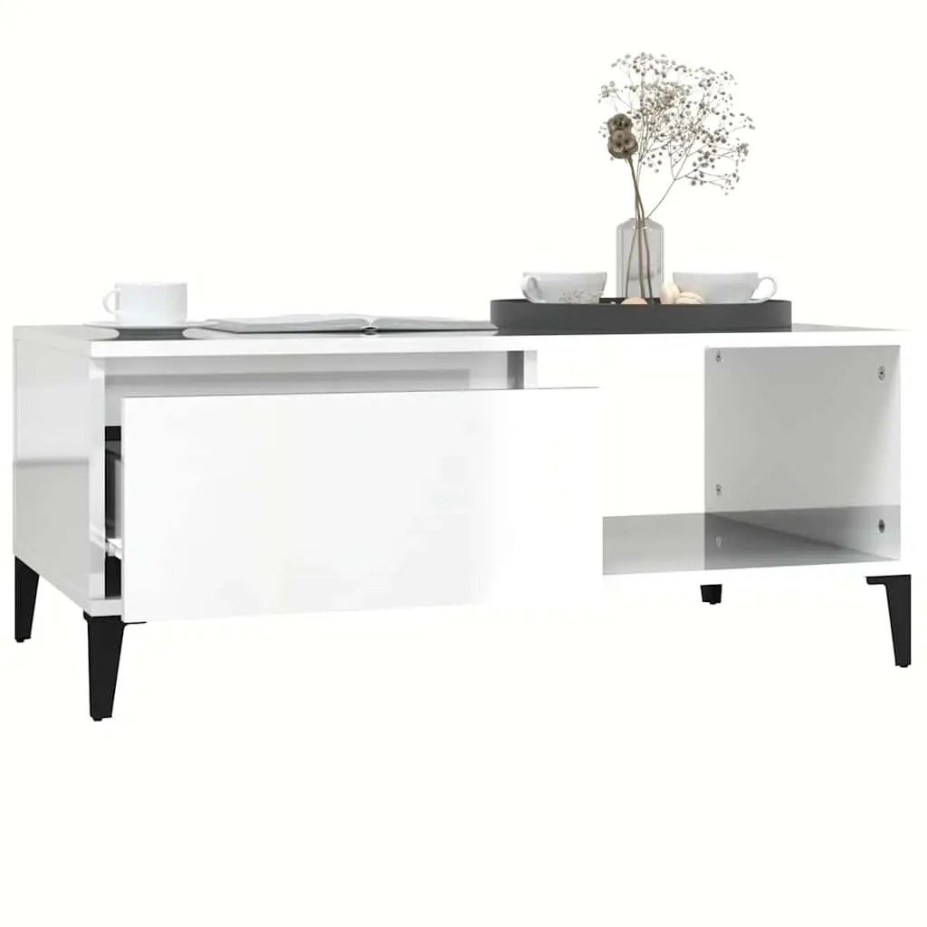 Coffee Table High Gloss White Engineered Wood 90L x 50W x 36.5H cm with Storage Drawer and Open Compartment