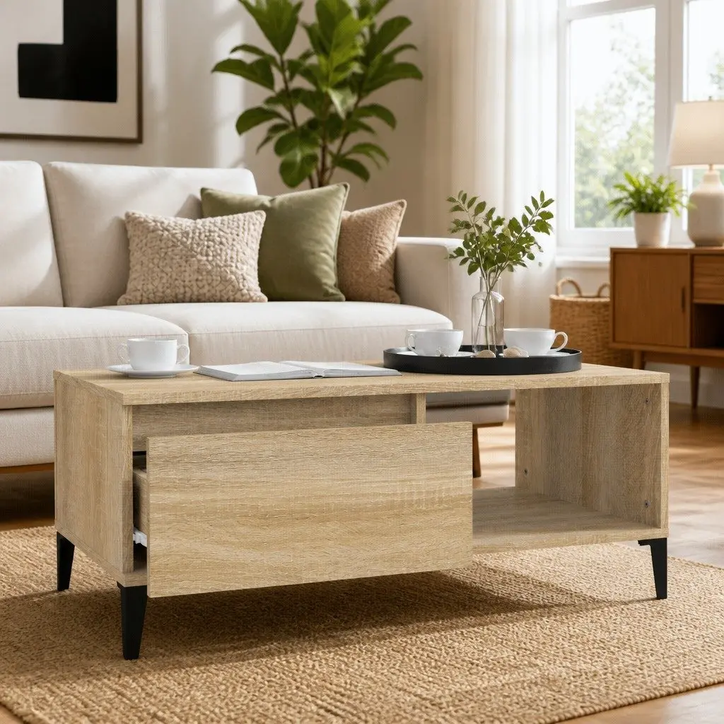 Brown Engineered Wood Coffee Table with Open Compartment and Storage Drawer 90x50x36.5cm