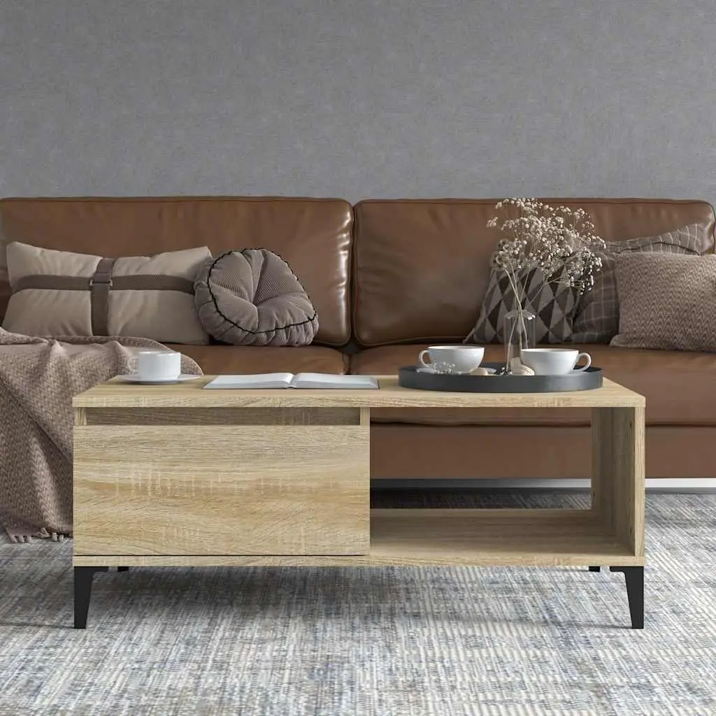 Brown Engineered Wood Coffee Table with Open Compartment and Storage Drawer 90x50x36.5cm