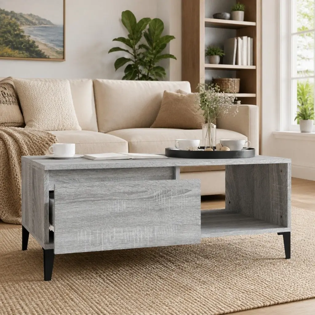 Coffee Table Grey Sonoma Storage Drawer Open Compartment 90 x 50 x 36.5 cm